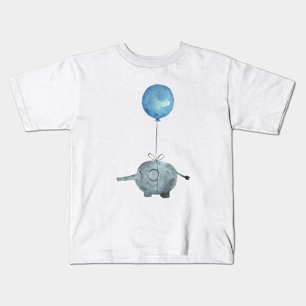 Blue air balloon and elephant Kids T-Shirt by KaylaPhan